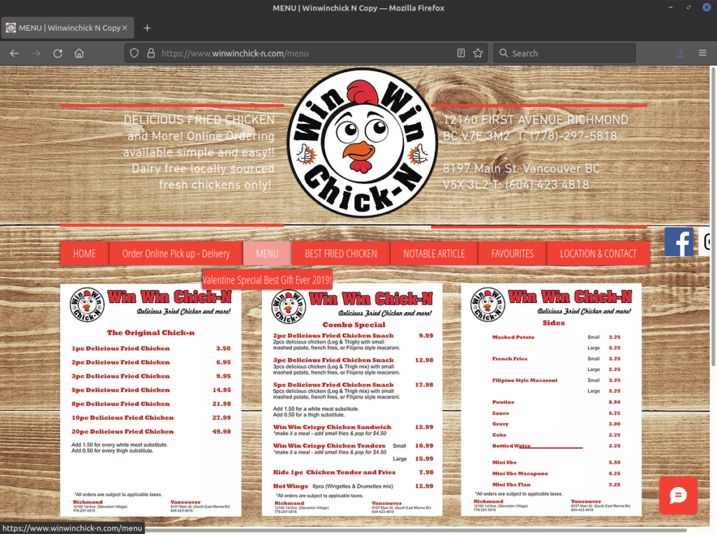 Win Win Chick-N menu page