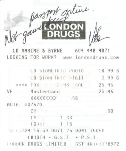 London Drugs passport photo receipt.